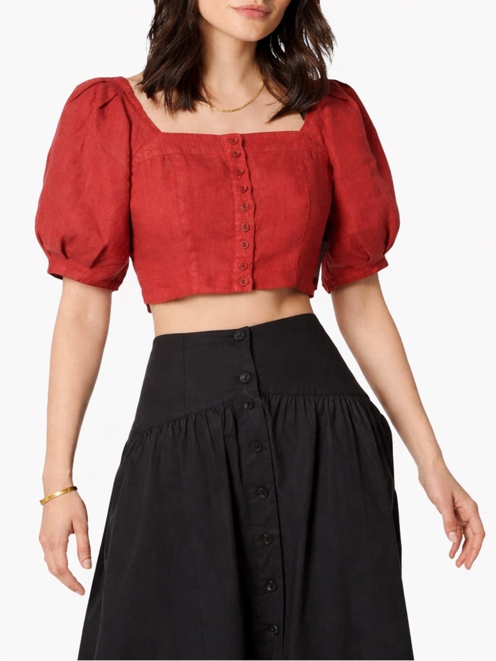 Joie Linen Crop Top Puff Sleeve Square Neck Button Front